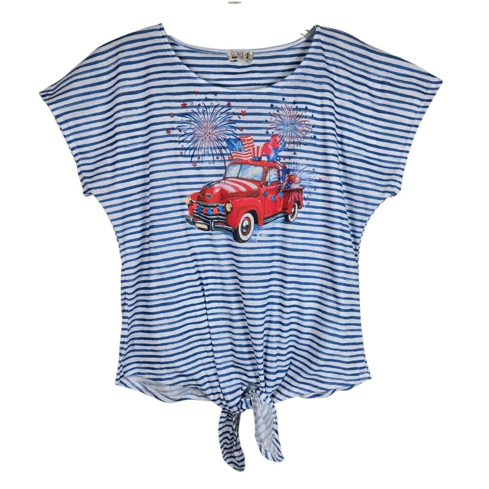 One World Patriotic T-Shirt M Striped Fireworks Truck Flag Americana 4th of July